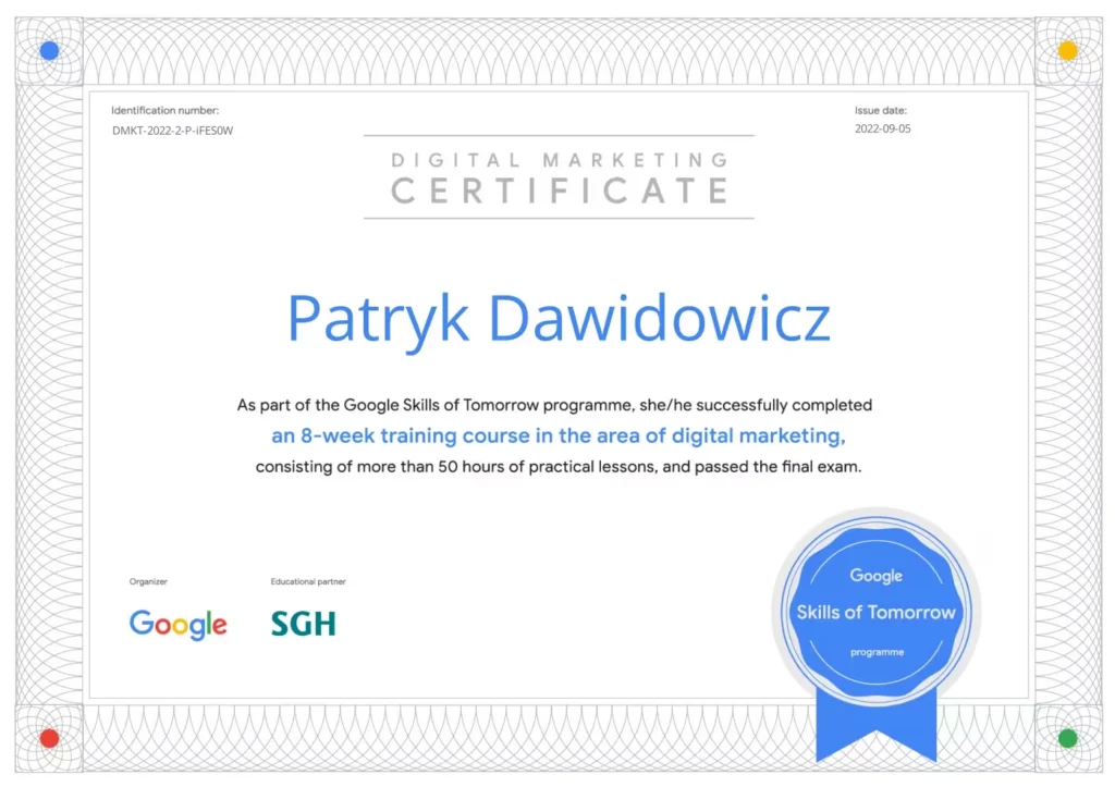certyfikat ukończenia kursu, potwierdzony zdanym egzaminem Google i SGH